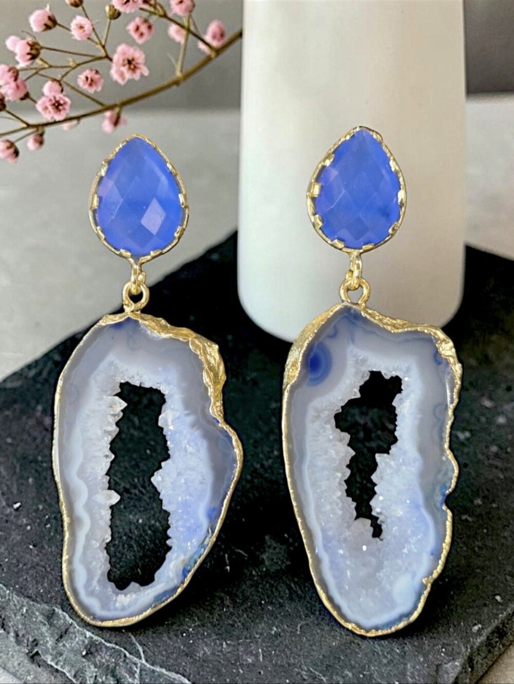 18k Gold Plated Artisan Blue Chalcedony Geode Sugar Druzy Agate Stone Earrings